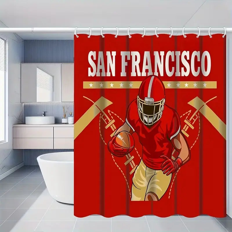 1/4pcs San Francisco Football Team Themed Shower Curtain Set, Bathroom Decoration Accessories, includes non-slip mat, U-shaped rug, toilet seat cover, Shower Essentials, comes with 12 shower curtain hooks, Bathroom Decor And Accessories