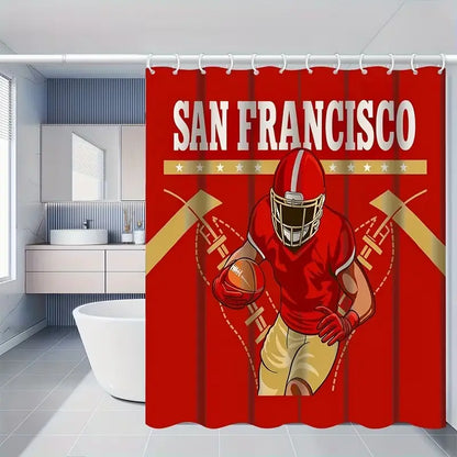 1/4pcs San Francisco Football Team Themed Shower Curtain Set, Bathroom Decoration Accessories, includes non-slip mat, U-shaped rug, toilet seat cover, Shower Essentials, comes with 12 shower curtain hooks, Bathroom Decor And Accessories