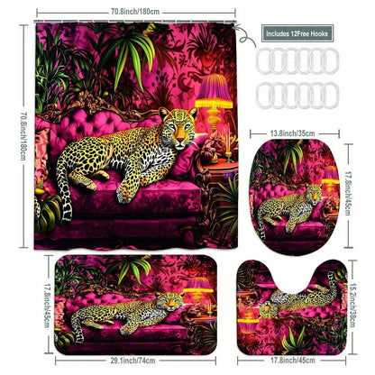 1/4pcs Tropical Leopard Shower Curtain Set - Magenta Pink Jungle Bathroom, Bathroom Decorations, Black Gold Spotted Leopard on Pink Couch with Green Foliage, Matching Toilet Lid Cover & 2 Bath Mats - Bathroom Accessories for Spring Summer Festive Vibes