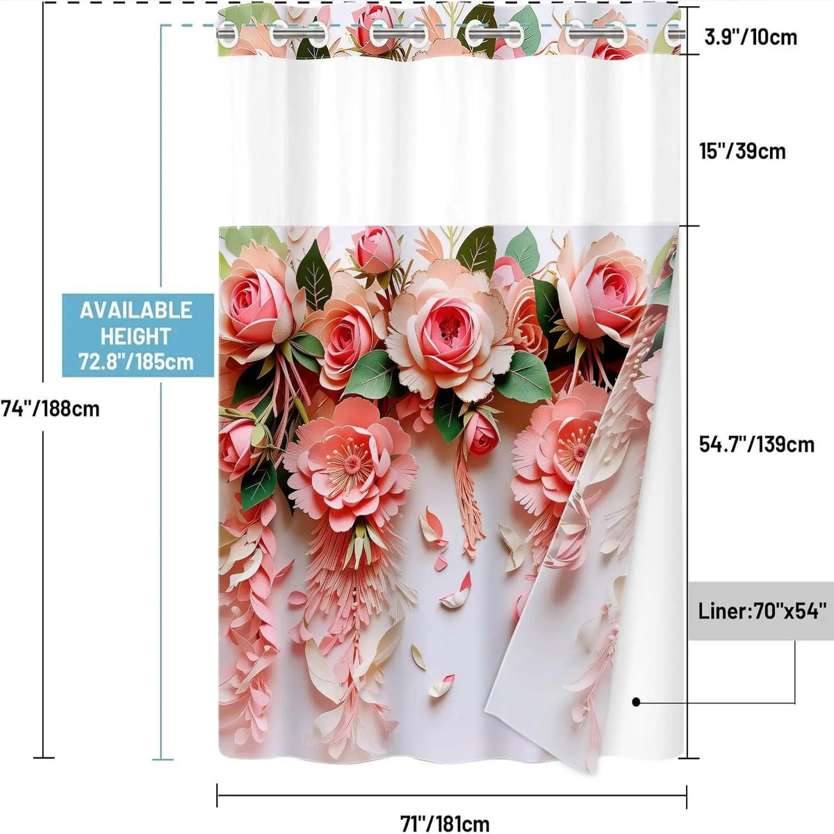 1PC 2D Flat No Hooks Double Layer Hookless Shower Curtain, Boho Shower Curtains For Bathroom, 3D Paper Art Pink Rose Flower Print Waterproof Fabric, Detachable Buckle Liner, Bathroom Divider, Home Decor, Pretty Shower Curtain, Shower Curtain Floral