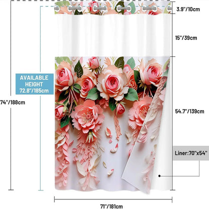 1PC 2D Flat No Hooks Double Layer Hookless Shower Curtain, Boho Shower Curtains For Bathroom, 3D Paper Art Pink Rose Flower Print Waterproof Fabric, Detachable Buckle Liner, Bathroom Divider, Home Decor, Pretty Shower Curtain, Shower Curtain Floral