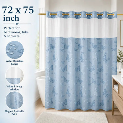 Black Butterfly Hookless Shower Curtain with White Mesh Window, Water-Resistant & Machine Washable Fabric Curtain, Easy Install Bathroom Decor, 72 x 75 Inch