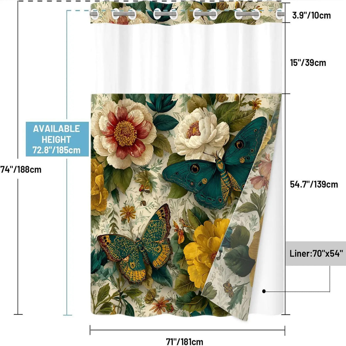 1pc hookless Aesthetic shower curtain with snap fastener, retro butterfly flower 2D printing, fabric waterproof inner lining double-layer with transparent window and liner, 71 x 74 inches