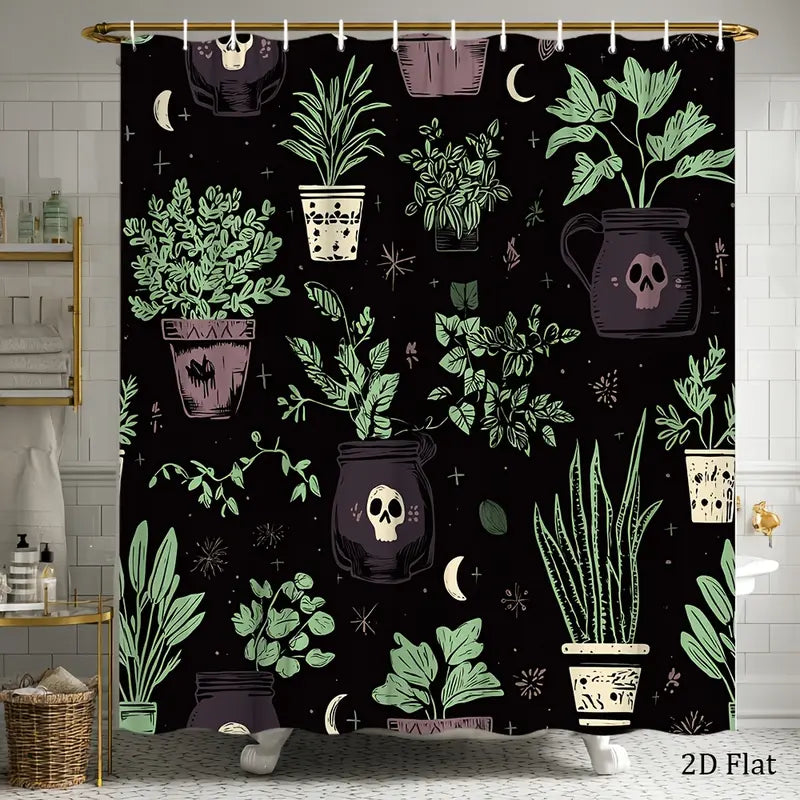 Bold Gothic Polyester Shower Curtain, 70.8x70.8in Black & Green Geometric Botanical Skull Design, Rustic Spooky Home Decor, Wall-Mount Compatible, Easy Clean Care Waterproof 2D Flat Fabric, 12 Hooks, Free Bathroom Window Cover