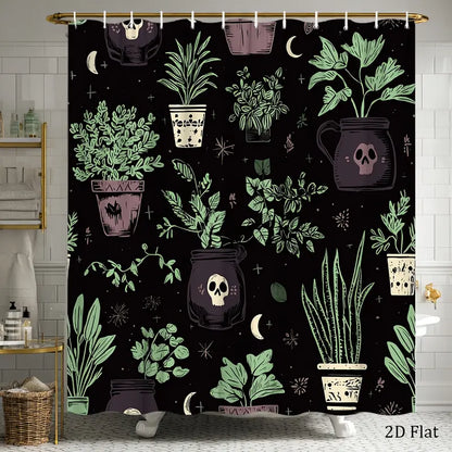 Bold Gothic Polyester Shower Curtain, 70.8x70.8in Black & Green Geometric Botanical Skull Design, Rustic Spooky Home Decor, Wall-Mount Compatible, Easy Clean Care Waterproof 2D Flat Fabric, 12 Hooks, Free Bathroom Window Cover