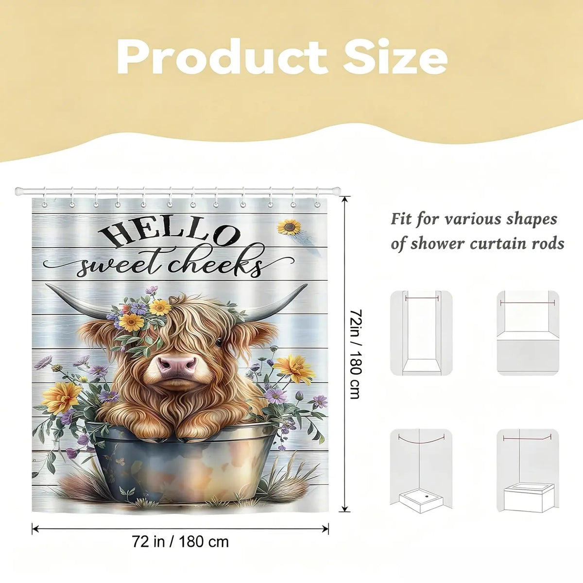 Hello Sweet Cheeks Highland Cow Shower Curtain, Funny Shower Curtains for Bathroom, Floral Sunflower Bucket Calf White Wooden Plank Funny Quote Country Farmhouse Bathroom Decor, Rustic Western Humor Shower Curtains with Hooks 72X72Inch