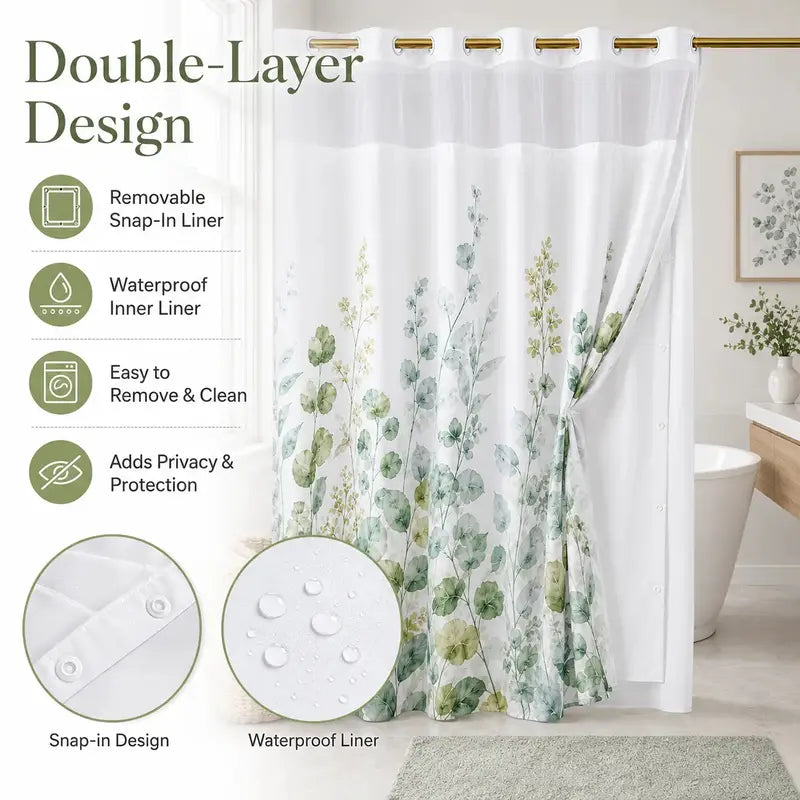 Hookless Shower Curtain Set with Snap-in Liner, Double Layer Floral Botanical Design, Sheer Top Window, 72x75 Inch Waterproof Washable Bathroom Curtain,