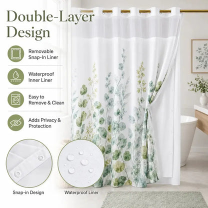Hookless Shower Curtain Set with Snap-in Liner, Double Layer Floral Botanical Design, Sheer Top Window, 72x75 Inch Waterproof Washable Bathroom Curtain,