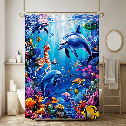 Vibrant Underwater Ocean Scene Printed Shower Curtain, Dolphins, Sea Turtles, Coral Reef, Lively Fish, Nautical Bathroom Decor, Summer Vibes, Aesthetic Shower Curtain, Decorative Shower Curtain, Waterproof Shower Curtain