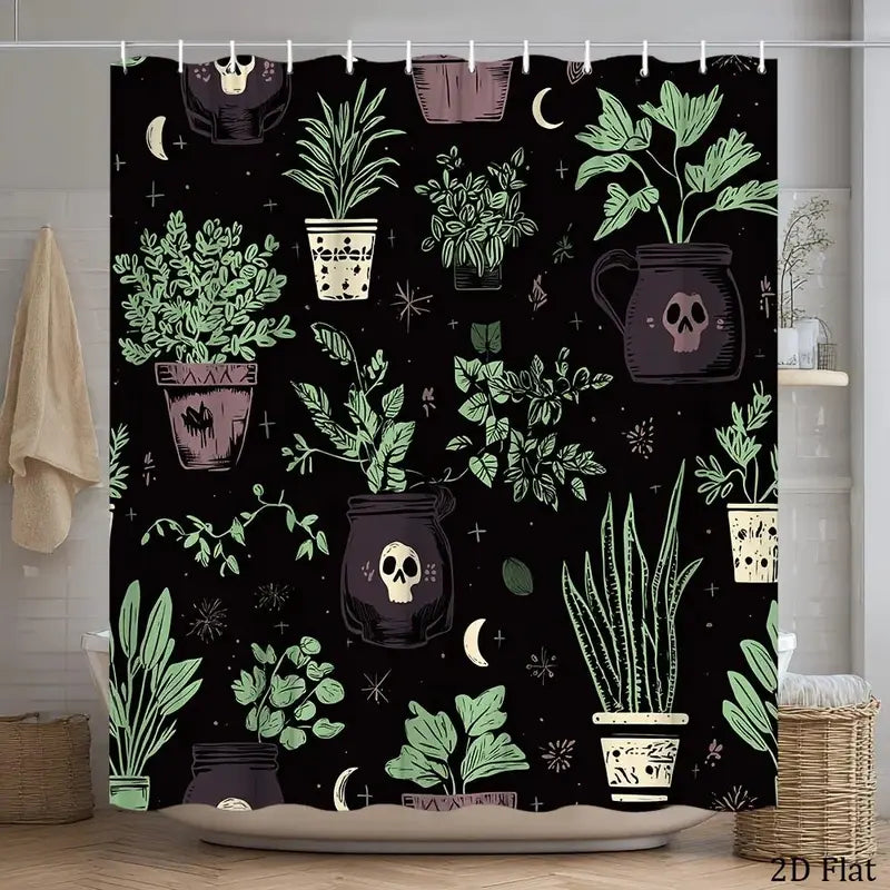 Gothic Black & Green Polyester Botanical Skull Shower Curtain - 70.8x70.8in, 12 Hooks, Easy-Clean, Single Set, Modern, Animals/Plants/Geometric Design, Free Bathroom Window Cover for Spooky Home Decor, 2D Flat, Floral