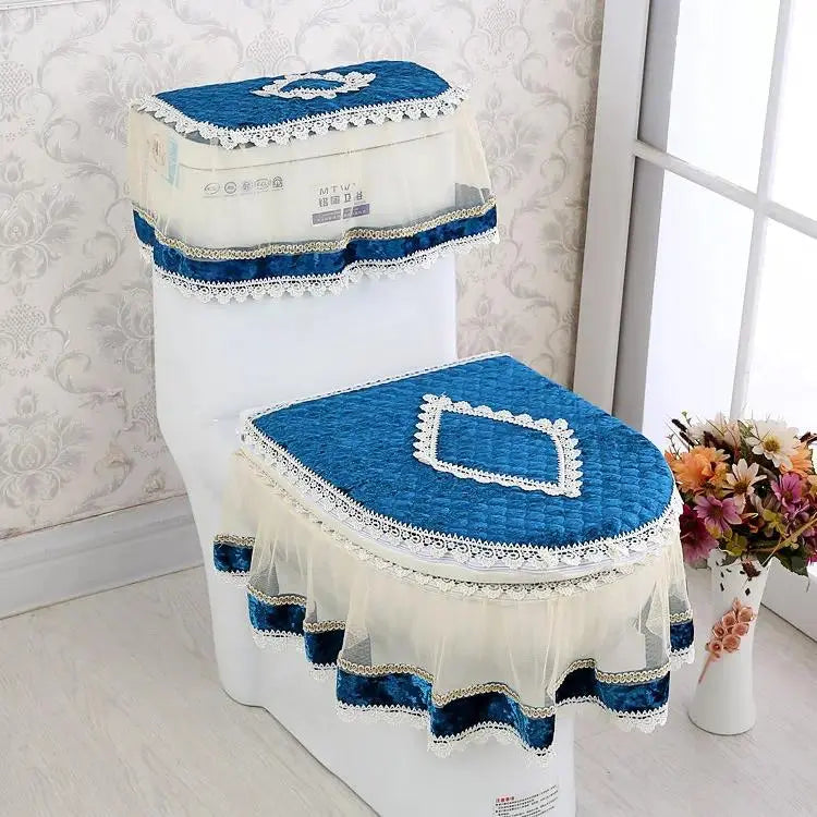 Elegant Solid 3-Piece Luxury Velvet Lace Toilet Accessories Set - Skirted Lace Trim, Commode Cushion, Water Tank Cover, Toilet Paper Holder Cover, Home Interior Decoration for Household Bathroom Upgrade, Toilet Accessories Cover, Bathroom Decor