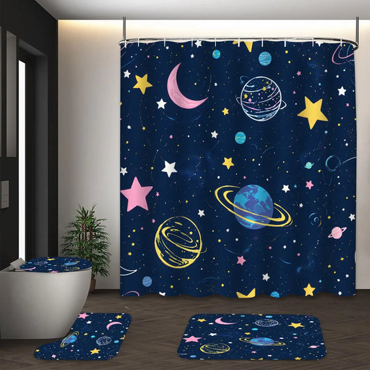 LVRLVR 4pcs Colorful Stars Planets Moon Cartoon Cute Space Theme Bathroom Set with Celestial Shower Curtain Sets, Bath Rugs and Hooks, Bathroom Decoration Accessories - 70.8"×70.8" (180×180cm)