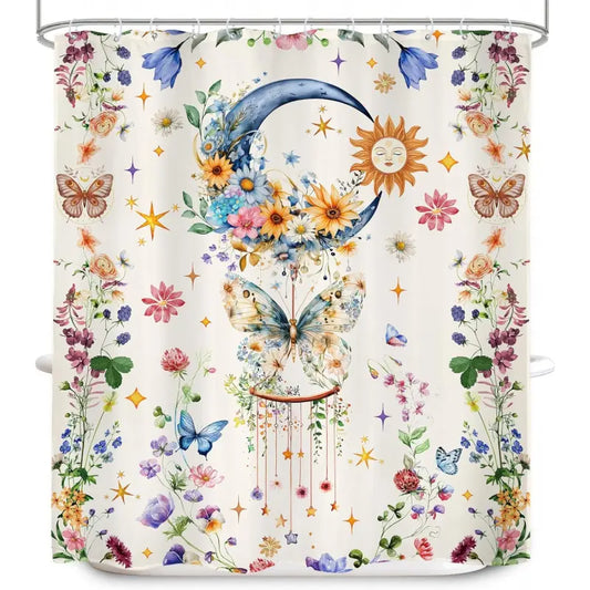Boho Butterfly Moon Shower Curtain, Vintage Floral Flower Witchy Sun Bohemian Blossom Colorful Mystic Botanical Cloth Fabric Waterproof Polyester Bathroom Home Decor Set with Hooks