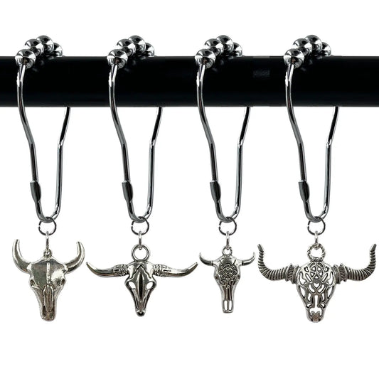 Bull Head Shower Curtain Hook, 12pcs/set Rust Resistant Shower Curtain Ring, Bathroom Curtain Hooks, Shower Curtain Decorative Hook for Home Bathroom, Restroom, Bathroom Decoration Accessories [Package List as Picture Shown]