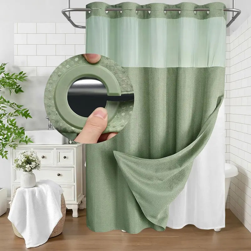 White Double Layer Waffle-Pattern Shower Curtain - No Hook Snap-in Liner, Fabric Waterproof Inner & Washable White Outer Cloth, Modern Bathroom Accessory for Home/Hotel/Salon/Dorm, 72x75 Inch