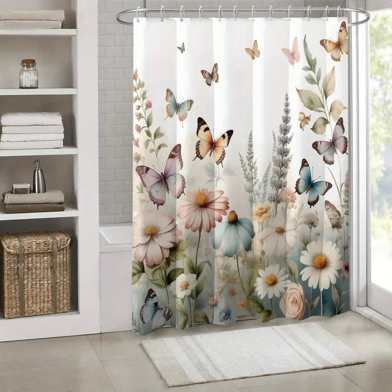 Butterfly Flower Print Shower Curtain - 71x71 inches Polyester Bathroom Decor Decorative Printed Shower Curtain with Hooks, Bathroom Accessory, Playful Bath Partition & Artistic Design for Home, Bathroom Decoration Accessories, Bathroom Supplies