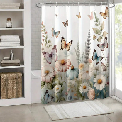 Butterfly Flower Print Shower Curtain - 71x71 inches Polyester Bathroom Decor Decorative Printed Shower Curtain with Hooks, Bathroom Accessory, Playful Bath Partition & Artistic Design for Home, Bathroom Decoration Accessories, Bathroom Supplies