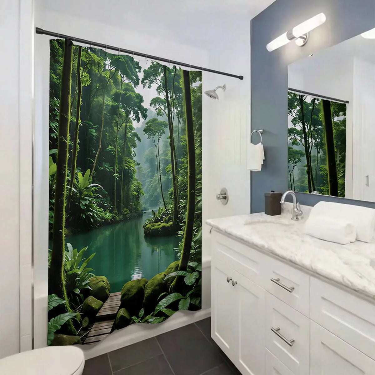 1pcs Lush Tropical Rainforest River Decorative Shower Curtain, Green Jungle Tree and Calm Lake Nature Bath Curtain for Bathroom Decor, Serene Wilderness Botanical Bathroom Curtain for Home, Perfect for Earth Day, Summer & Nature Inspired Bathroom Refresh