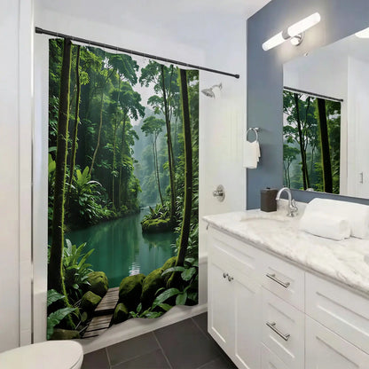 1pcs Lush Tropical Rainforest River Decorative Shower Curtain, Green Jungle Tree and Calm Lake Nature Bath Curtain for Bathroom Decor, Serene Wilderness Botanical Bathroom Curtain for Home, Perfect for Earth Day, Summer & Nature Inspired Bathroom Refresh