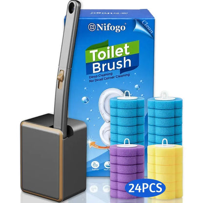 Nifogo Disposable Toilet Scrubber Brush Set, Includes 24 Refills, Triple-Layer Sponge Cleaner Wand, Fragrance Neutralizer, Plastic Wall-Mount Holder, Multi-Surface Tool for Daily Bathrooms Toilet Bowl Cleaning