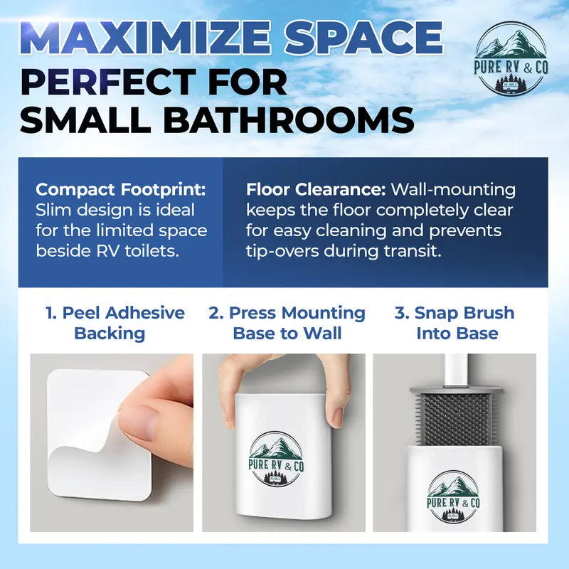 Pure RV Toilet Brush and Holder Set, Compact Silicone Bowl Brush for Camper, Trailer & RV Toilets – Wall Mounted, Flexible Head, Quick-Dry, Septic Safe, RV Bathroom Must-Have (Packaging may vary)