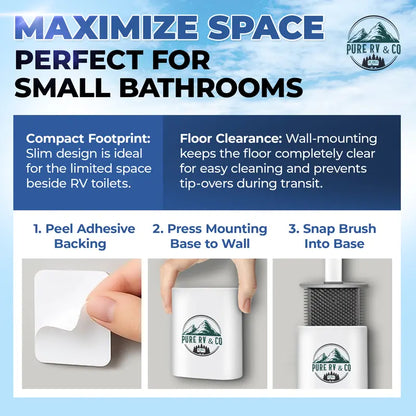 Pure RV Toilet Brush and Holder Set, Compact Silicone Bowl Brush for Camper, Trailer & RV Toilets – Wall Mounted, Flexible Head, Quick-Dry, Septic Safe, RV Bathroom Must-Have (Packaging may vary)