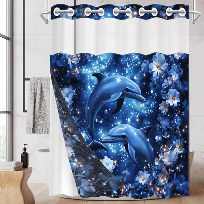 1 Pack No Hook Double Layer Bathroom Shower Curtain, Dreamy Blue Dolphin & Floral Print Bath Curtain, Waterproof, Mildew Resistant, Durable Fabric, Romantic Ocean Home Decor, Removable Liner, Top See-Through Window, Partition Curtain 71"×74"