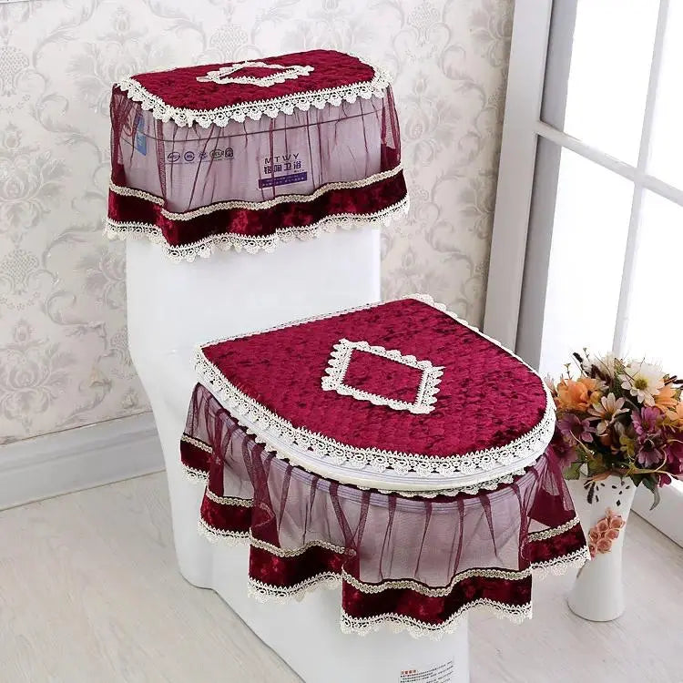 Elegant Solid 3-Piece Luxury Velvet Lace Toilet Accessories Set - Skirted Lace Trim, Commode Cushion, Water Tank Cover, Toilet Paper Holder Cover, Home Interior Decoration for Household Bathroom Upgrade, Toilet Accessories Cover, Bathroom Decor