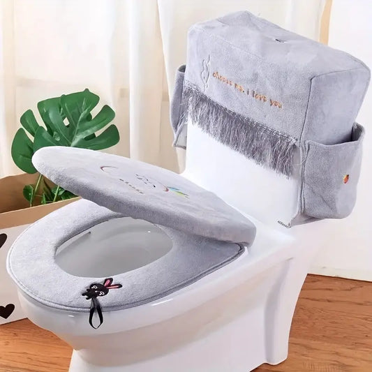 Simple Printed Pattern Home Toilet Mat Set Four Seasons Universal Plush Toilet Ring Cover Bathroom Toilet Water Tank Protector Cover