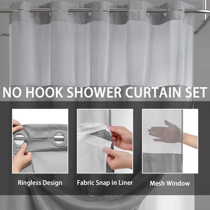 No Hook Washable Waffle Weave Shower Curtain with Snap in Liner -Waterproof Double Layer Shower Curtain With WashableInner Liner,  72 x75 Inch Showercurtain