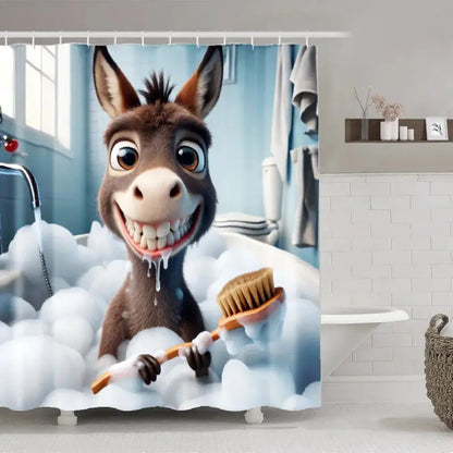 [Summervibes] Whimsical Donkey Shower Curtain with Hooks - Machine Washable Polyester Contemporary Modern Bathroom Decor Gift, Playful Partition, Artistic Animal Design, Durable Fabric for Home, Shower Curtains, Plastic