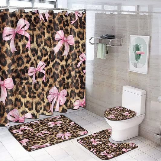 Classic Leopard Print & Pink Bow Bathroom Decor Set - 1/4-Piece Shower Curtains, Non-Slip Floor Mat, U-Type Carpet, Toilet Lid Cover, Pouch, 12 Hooks, Home Bathroom Supplies for Space Enhancement