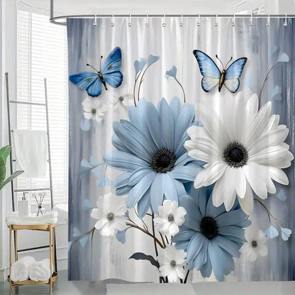 Blue and White Floral Butterfly Shower Curtain with Hooks - Bathroom Accessory, Plastic, Floral Nature Art Design, Soft Gray Backdrop, Bright Flowers, Sophisticated Theme, Compatible with Shower Curtain Rod, Ideal Gift