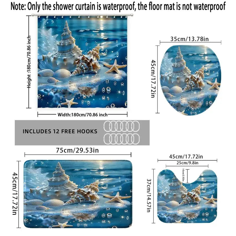 1pc/4-Piece Polyester Shower Curtain Set - Geometric, Floral, Modern Ocean Theme with Conch, Shell, Starfish Patterns, Bathroom Rug, Mat, Decor, 12 Hooks