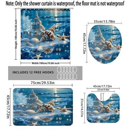 1pc/4-Piece Polyester Shower Curtain Set - Geometric, Floral, Modern Ocean Theme with Conch, Shell, Starfish Patterns, Bathroom Rug, Mat, Decor, 12 Hooks