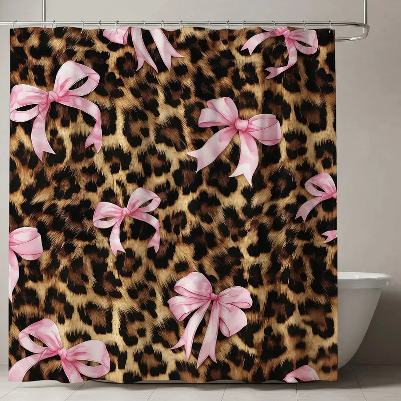 Pink Bow with Leopard Print Playful Bathroom Shower Curtain Sets (1/4 Pcs) - Polyester, Non-Slip Floor Mat, U-Shaped Carpet, Toilet Lid Cover, 12 Shower Curtain Hooks, Cohesive Set for Bathroom Decor, Bows