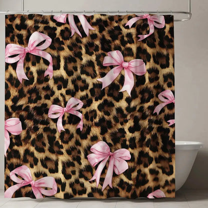 Pink Bow with Leopard Print Playful Bathroom Shower Curtain Sets (1/4 Pcs) - Polyester, Non-Slip Floor Mat, U-Shaped Carpet, Toilet Lid Cover, 12 Shower Curtain Hooks, Cohesive Set for Bathroom Decor, Bows