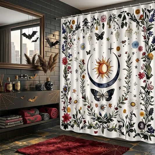 1pcs Boho Sun Moon Wildflower Butterfly Decorative Shower Curtain, Celestial Botanical Witchy Print Curtain for Aesthetic Bathroom Decor, Mystical Cottage Home Curtain, Ideal for Halloween & Whimsical Bathroom Upgrade