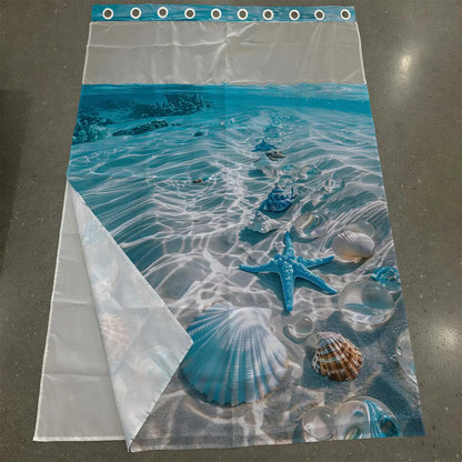 1 Pack No Hook Double Layer Shower Curtain, Shower Curtain No Hooks, Underwater Coral & Seashell Print, Waterproof, Mildew Resistant, Durable Fabric, Ocean Home Decor, Removable Liner, Top See-Through Window, Partition Curtain, Installation 71"×74"