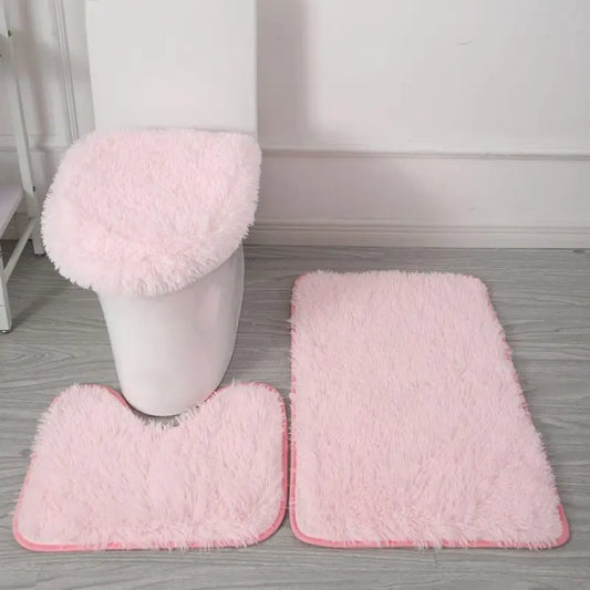 Pink Rubber 3-Piece Non-Slip Bath Rug Set - 20" x 32" Rectangular Bath Mat, Contour Mat, Toilet Seat Cover - Home Bathroom Essential Accessory