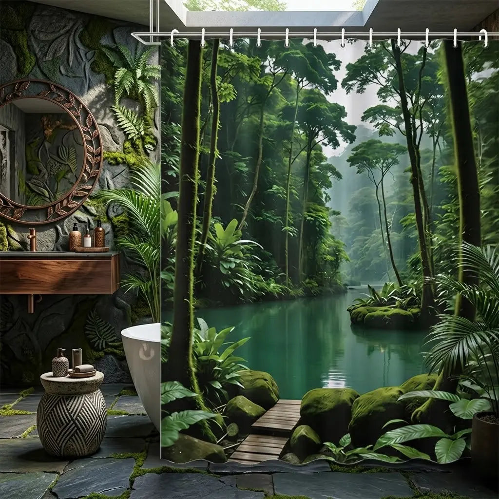 1pcs Lush Tropical Rainforest River Decorative Shower Curtain, Green Jungle Tree and Calm Lake Nature Bath Curtain for Bathroom Decor, Serene Wilderness Botanical Bathroom Curtain for Home, Perfect for Earth Day, Summer & Nature Inspired Bathroom Refresh