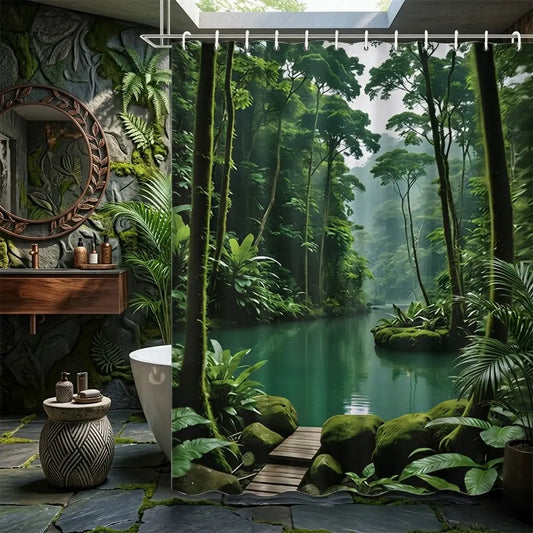 1pcs Lush Tropical Rainforest River Decorative Shower Curtain, Green Jungle Tree and Calm Lake Nature Bath Curtain for Bathroom Decor, Serene Wilderness Botanical Bathroom Curtain for Home, Perfect for Earth Day, Summer & Nature Inspired Bathroom Refresh