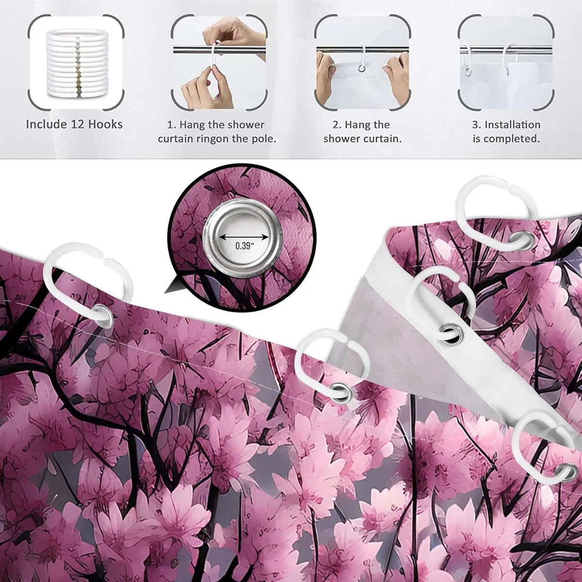 Japanese Shower Curtain Asian Cherry Blossom Bathroom Decor Mountain Bath Curtain, Waterproof Cloth Fabric with Hooks