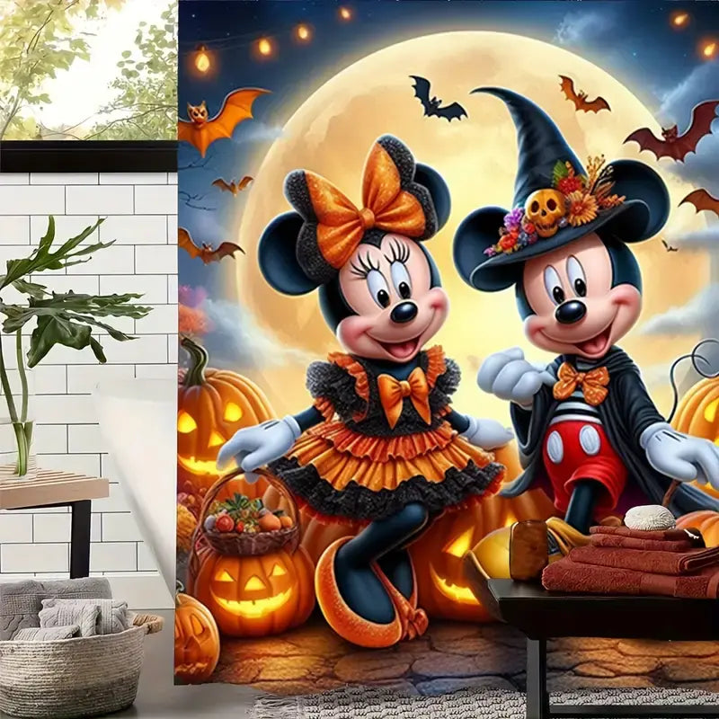 DISNEY CLASSIC Mickey & Minnie Cartoon Print Shower Curtain - Polyester Fabric Bathroom Shower Equipment, Bat Print Design with Bats, Pumpkins, Skulls, Hooks Included, Waterproof, Machine Washable Modern Bathroom Accessory, Cartoon Print Shower Curtains