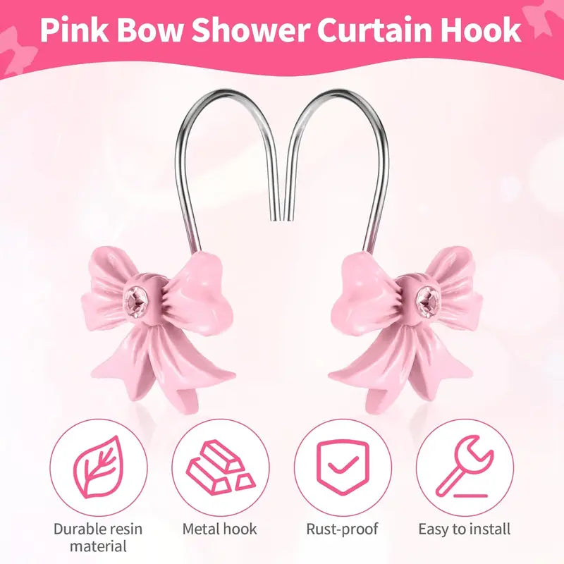 12PCS Premium Resin Blush Pink Bow Knot Shower Curtain Hooks - Metal Alloy Material, Eyelet Fit, Standard Rod Diameter, Bathroom Accessories for Baby Room Nursery