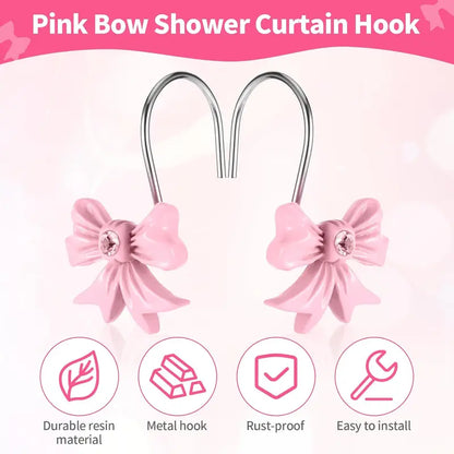 12PCS Premium Resin Blush Pink Bow Knot Shower Curtain Hooks - Metal Alloy Material, Eyelet Fit, Standard Rod Diameter, Bathroom Accessories for Baby Room Nursery