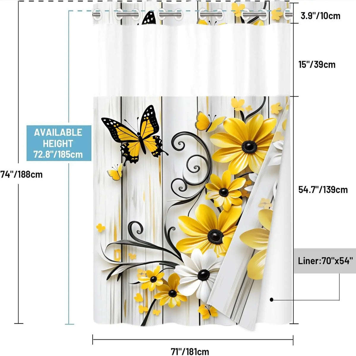1PC 2D Flat Yellow & White Daisy Floral Butterfly Pattern Double-Layer Woven Shower Curtain, Floral Shower Curtains For Bathroom, No Hooks, Transparent Top Window, Removable Snap-On Liner, Modern Bathroom Partition Art Decor, Holiday Decoration