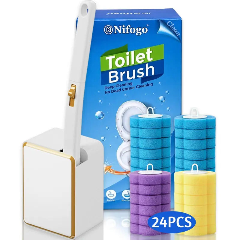 Nifogo Rotating Long-Handled Plastic/Silicon Disposable Toilet Brush Set with Wall Mount Holder, 24 Refills, Multi-Surface Bathroom Cleaning System for Toilet Bowl, Sink