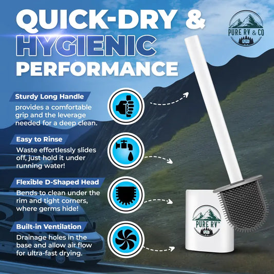 Pure RV Toilet Brush and Holder Set, Compact Silicone Bowl Brush for Camper, Trailer & RV Toilets – Wall Mounted, Flexible Head, Quick-Dry, Septic Safe, RV Bathroom Must-Have (Packaging may vary)