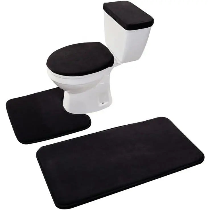 Black 4-Piece Soft Thick Velvet Memory Foam Bathroom Toilet Mat Set - Includes Toilet Seat Cover, Decorative Tank Cover, Bathroom Rug (Home Supply), Quantity Per Pack": "Four Pieces